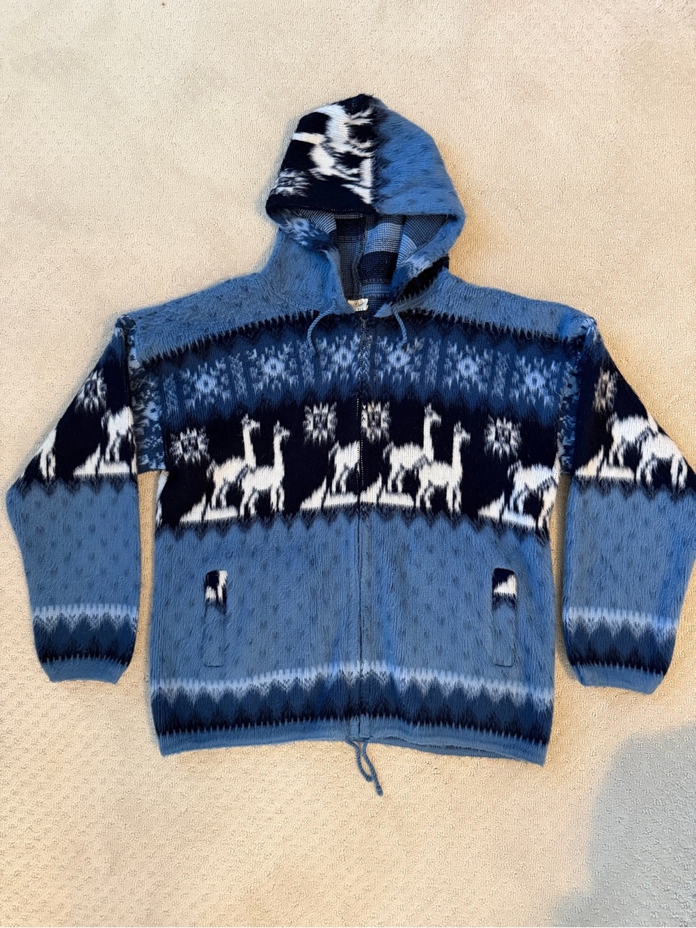 VTG Yari Alpaca Wool Hoodie Sweater Blue/White Size M Ecuador Zip Up Pockets